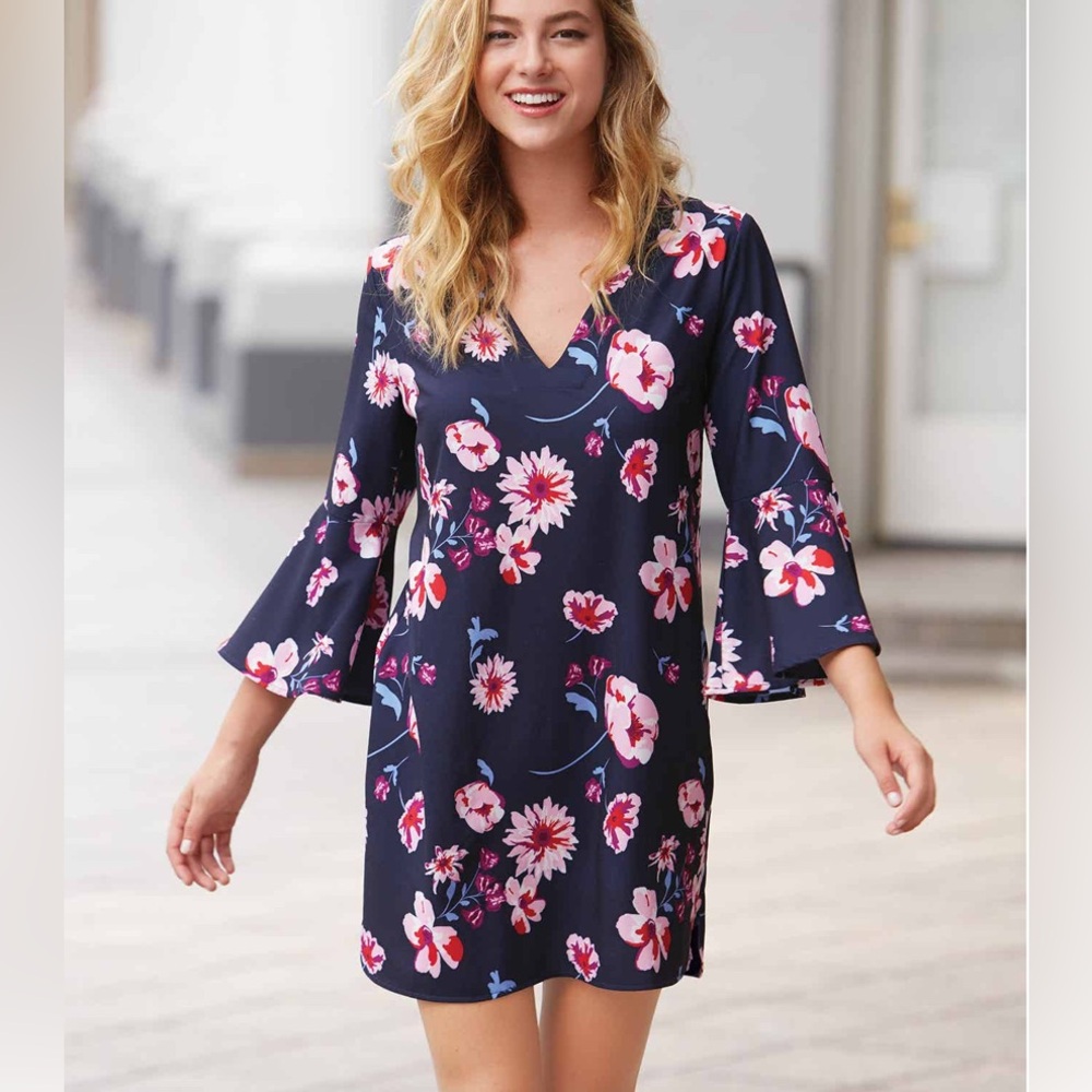 Mud Pie Women’s Mila Bell Sleeve‎ Dress Floral Moonlight Garden Navy sz Large